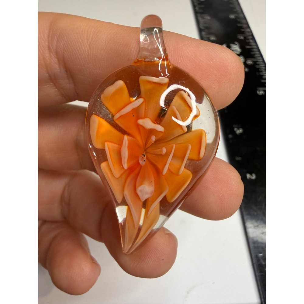 Handmade Lampwork Glass Flower Pendant Pin Brooch Orange Teardrop 2 Inch